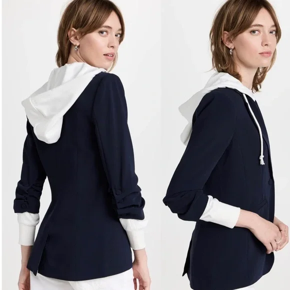Cinq a Sept Women’s Hooded Relaxed Fit Navy Blue and White Khloe Blazer Jacket - Picture 5 of 15